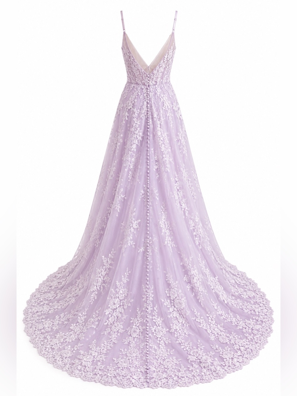 Lavender Lace A-Line Wedding Dress Size XS Floral Appliqué Tulle Bridal Gown - Picture 5 of 7